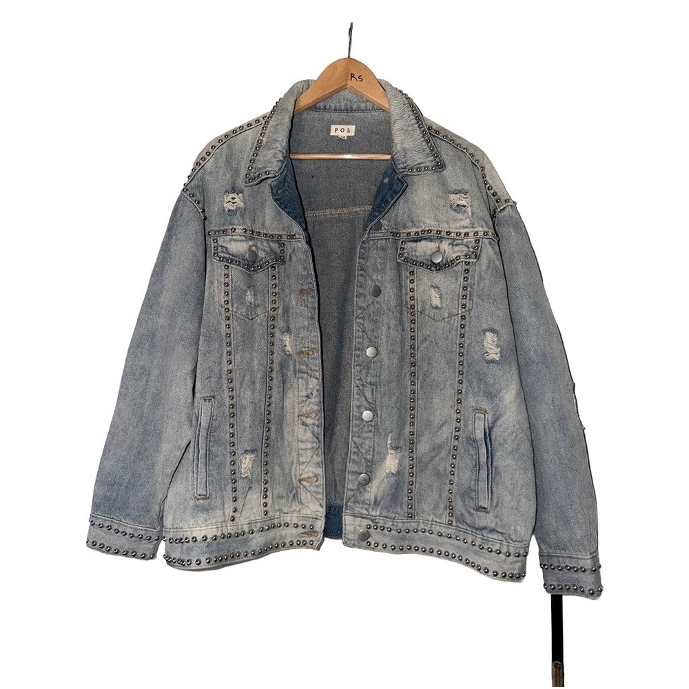POL Studded Distressed Denim Jacket Womens M Light Wash Good Edgy Rocker